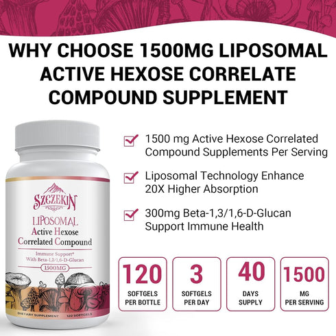1500mg Liposomal Active Hexose Correlated Supplement,120 Soft Gels Beta-Glucans with Natural Mushroom Extract, Immune System, Liver Function, Main...