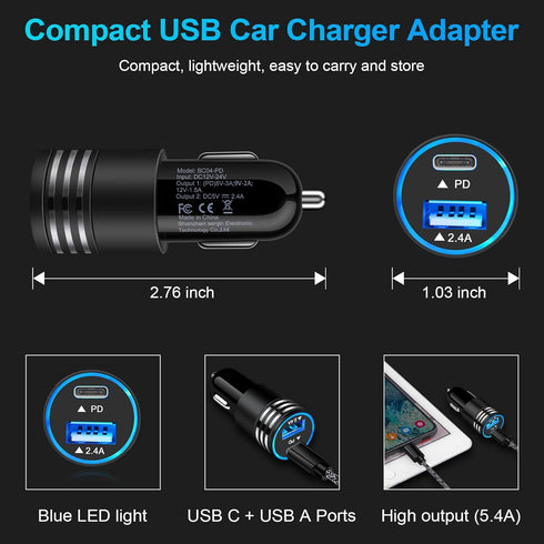 Fast Charging USB C Car Charger for iPhone 15 14 13 12 11 Pro Max SE XR XS X 8 Samsung Galaxy S24 S23 S22 S21 S20 Note20 Google Pixel 8 Pro/7a/7 P...