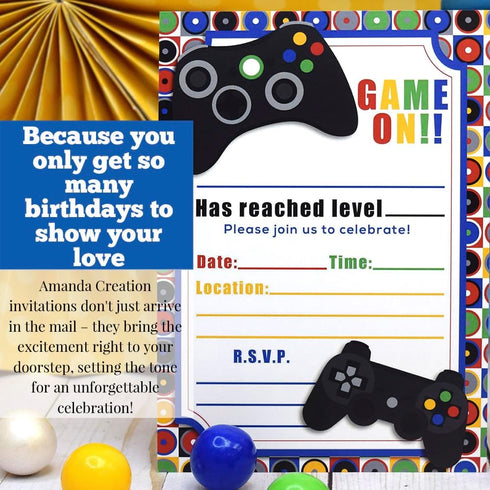 Game On! Video Gamer Birthday Party Fill In Invitations, 20 5"x7" Fill In Cards with Twenty White Envelopes by AmandaCreation...