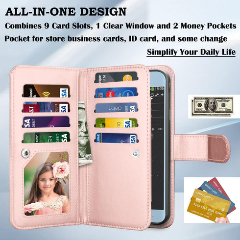 Takfox Galaxy J3 2018 Leather Wallet Case, Flip Folio with 9 Card Holder, Detachable Strap - Rose Gold...