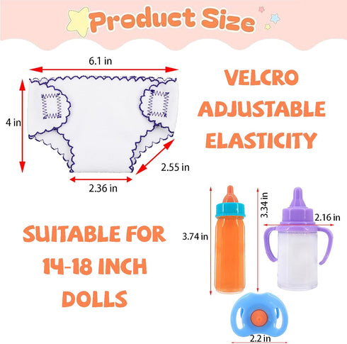 4Pcs Doll Diapers Doll Underwear for 14-18 Inch Baby Dolls Reusable Diapers Set with 3 Pcs Doll Feeding (Milk & Juice Bottles Toy Pacifier)...