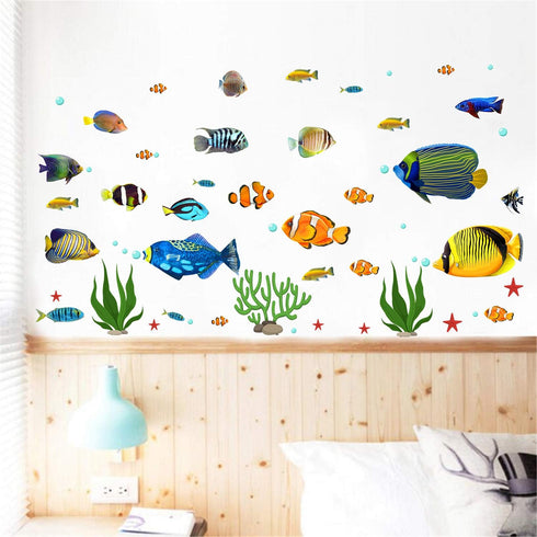 Fish Wall Stickers Under The Sea Decorative Wall Decals Coral Reef Fish Wall Stickers Peel and Stick Starfish Wall Art Sticker Decals for Kids Nur...