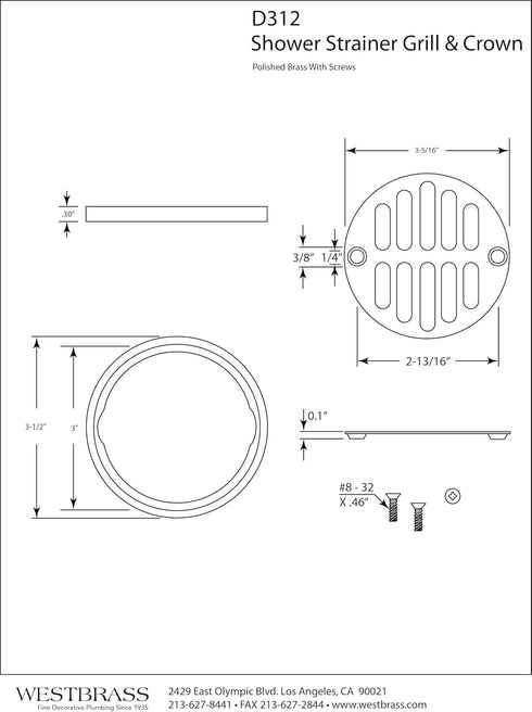 Westbrass Shower Strainer Set with Screws, Grill and Crown, Polished Chrome, D312-26...