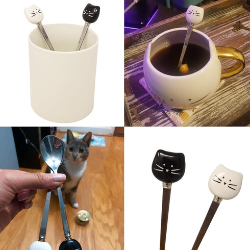 Honbay 2PCS Cute Cat Spoon Stainless Steel Tea Spoon Coffee Spoon Sugar Spoon for Cat Mug, Black and White...