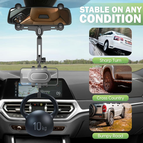 Rear View Mirror Phone Holder For Car - Multifunctional 360 Rotatable Car Rearview Mirror Phone Holder, With Retractable Curved Handle, Fixed At F...