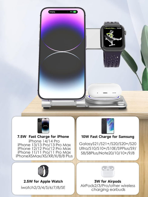 Wireless Charger 3 in 1,Aluminum Alloy Wireless Charging Stand 18W Fast Charging for iPhone 15/14/13/12/11/Pro/Max/XS/XR/X/8, iWatch9/8/7/6/5/4/3/...