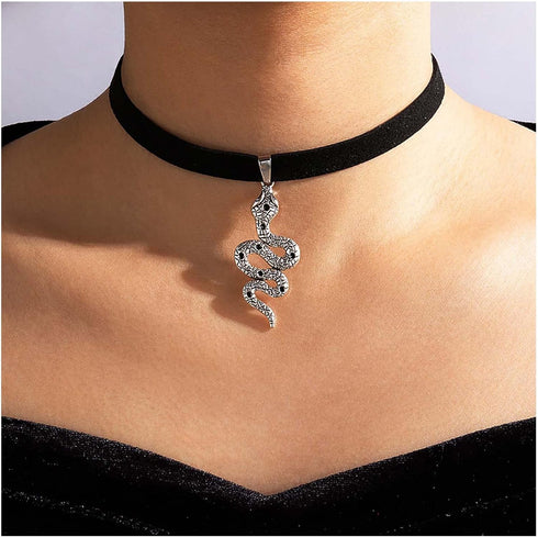 Boho Snake Velvet Choker Necklace Silver Snake Necklace Choker Gothic Black Ribbon Necklace Punk Serpent Necklace Chain Jewelry for Women...