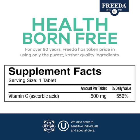 FREEDA Vitamin C - Vegan Vitamin C 500mg - Kosher - Powerful Antioxidant Immune Support - Easy to Swallow Vitamins C Tablets as Ascorbic Acid - Pu...