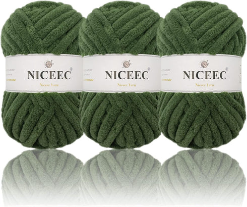 NICEEC 3 Skeins Chenille Yarn Blanket Yarn for Knitting Fancy Yarn for Crochet Weaving DIY Craft Total Length 3×40m (3×44yds, 3×100g) _Army Green...