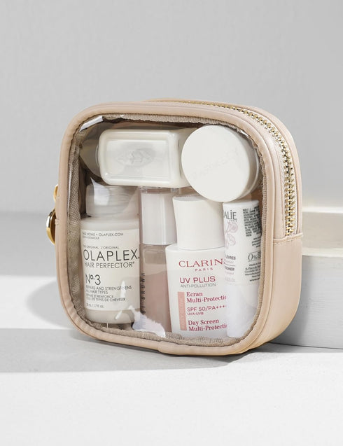 Mini Sandy Clear Makeup Bag Transparent Toiletry Bags with Carabiner Attachable Pouch Cute Cosmetic Bag with Interior Pocket and ring Makeup Organ...