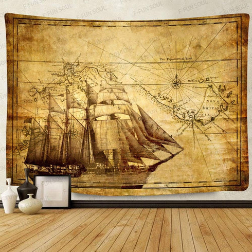F-FUN SOUL Pirate Treasure Map Sailing Ship Drawing Tapestry, Large 80x60inches Soft Flannel, Old Ancient Pattern Wall Hanging Tapestries for Livi...