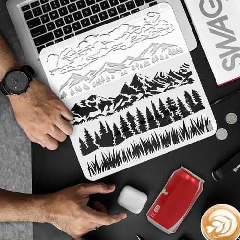 FINGERINSPIRE Natural Scenery Border Painting Stencil 11.8x11.8inch Reusable Grass Pine Trees Mountains Clouds Pattern Drawing Template Decor Sten...