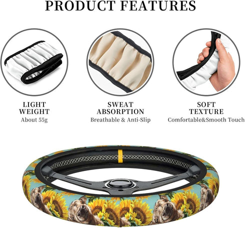 Highland Cow With Sunflower Elastic Steering Wheel Cover, Universal 15 Inch Fit, Neoprene Rubber Car Steering Wheel Covers, Anti-Slip Car Accessor...