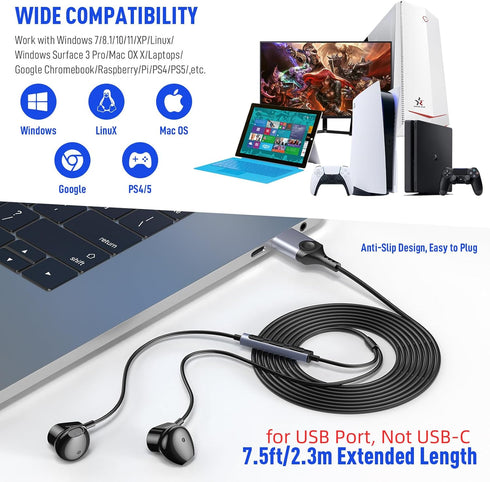 USB Headphone for PC Laptop Wired Earbuds Computer Headset with Microphone Volume Control Mute Button Mic Lightweight Noise Canceling in-Ear Corde...