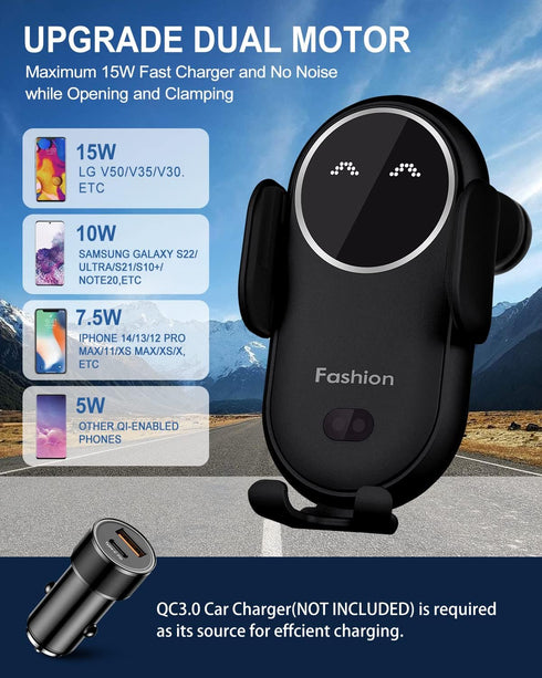 Wireless Car Charger, Phone Mount for Car Wireless Charger Smart Sensor Air Vent, Automatic Clamping Phone Holder Compatible with iPhone 14/13/12/...