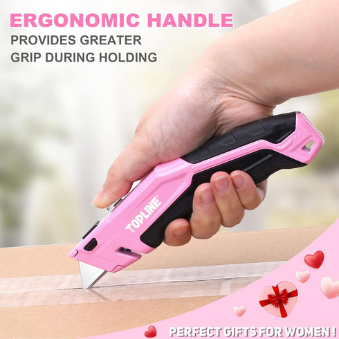 TOPLINE 2-Pack Pink Utility Knife Set, Retractable Pink Box Cutter and Pocket Folding Utility Knife, Blade Storage Design, 18-Piece SK5 Blades and...