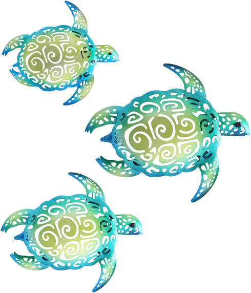 Set of 3 Metal Sea Turtle Beach Theme Decor Wall Art Decorations for Indoor Outdoor Bathroom Garden, Upgraded Hook...