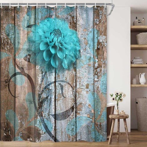 JAWO Teal Dahlia Shower Curtain, Dahlia Flower on Rustic Wooden Plank Country Style, Fabric Shower Curtain Set with 12 Hooks Bathroom Curtain Wate...