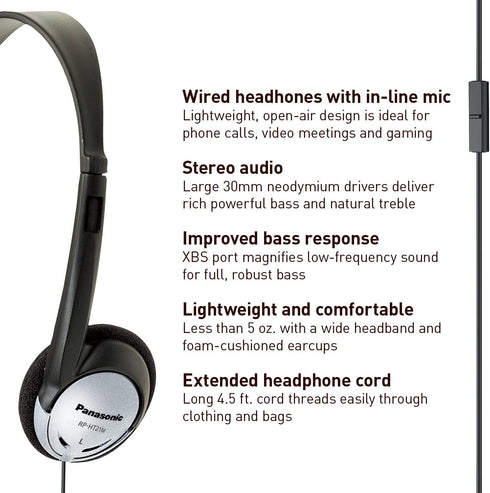 Panasonic Headphones, On-Ear Lightweight Earphones with Microphone and XBS for Extra Bass and Clear, Natural Sound, 3.5mm Jack for Phones and Lapt...