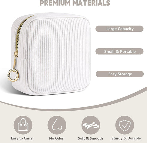 5.31" Small Makeup Bag for Purse, Corduroy Cosmetic Bag for Women Girls, Portable Makeup Pouch with Zipper (White)...