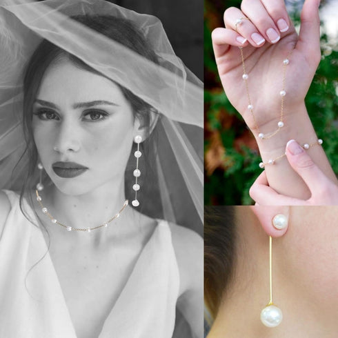 Pearl Necklace and Earring Set - 4PCS Pearl Jewelry Set for Women Adjustable Gold Plated Pearl Choker Bracelet Earrings Set Trendy Gifts (Satellit...