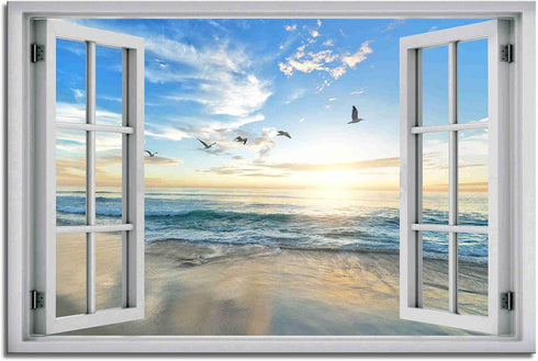 Beach Wall Decor Window View Posters Ocean Seagull Wall Art Nature Landscape Picture Posters Print on Canvas Painting Wall Art for Bedroom Bathroo...