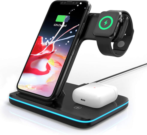 Omni Dock QI Wireless Charging Station, Black, 15W Fast Charger Docking Stand, Compatible with Apple Watch, AirPods, iPhone, Samsung, 3 in 1, Mult...