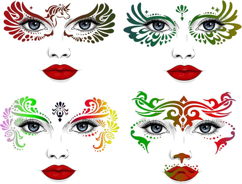 22 Pcs Face Paint Stencils Kit - 17 Reusable Face Painting Stencils with 4 Stickers and 900 Body Gems, Bat & Butterfly Designs for Halloween Parti...