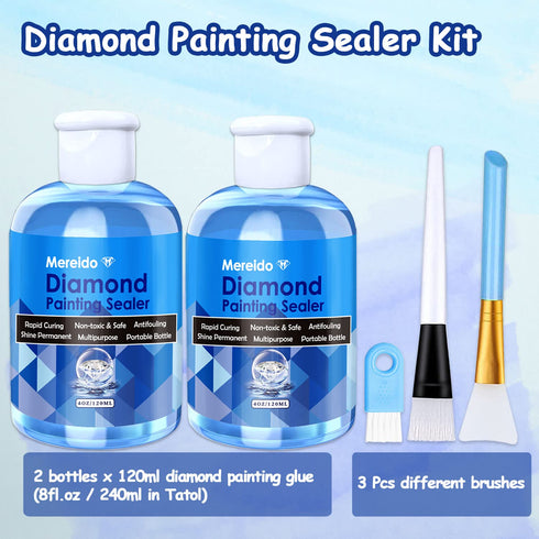 Diamond Art Glue Painting Sealer with 3 Brushes, 2 Packs 8oz 5D Diamond Art Permanent Holder & High Gloss Shine Effect Sealer for Diamond Craft Ki...
