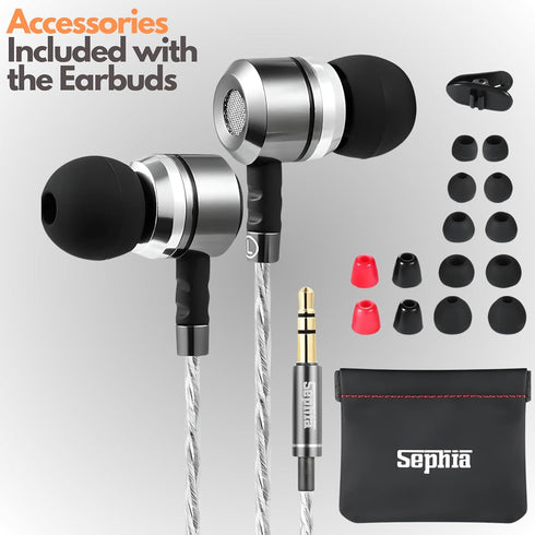 sephia SP3060 Wired Headphones, HD Bass Driven Audio, Lightweight Aluminum Wired in Ear Earbud Headphones, S/M/L Ear Bud Tips, Earphone Case, 3.5m...