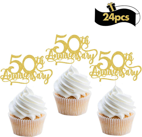24Pcs Gold Glitter 50th Anniversary Cupcake Topper Happy 50th Cheers to 50 Years Cupcake Topper 50th Birthday Wedding Anniversary Party Decoration...
