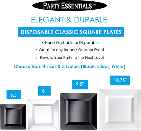 Party Essentials Party Supplies Disposable Classic Square Plastic Plates for Wedding/All Occasions, 6.5", 70-Count, Black...