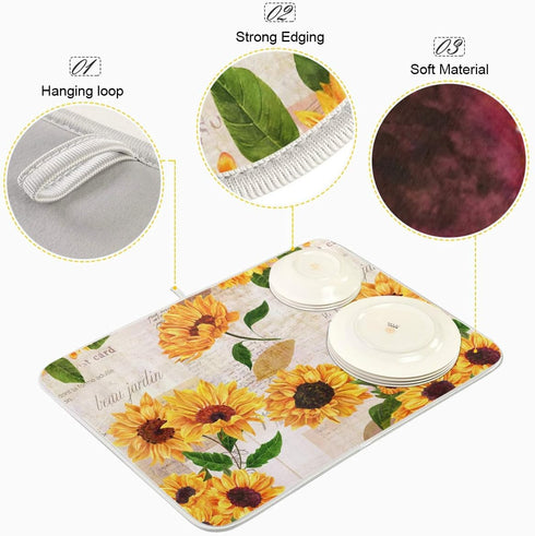Qilmy Sunflowers Dish Drying Mat Water Absorption Tableware Drying Mat for Kitchen Countertop Home Decoration, 16 x 18 Inch Non Slip Dish Mats, He...