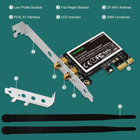Wireless N 600Mbps (2.4GHz 300Mbps and 5GHz 300Mbps) PCIE WiFi Adapter, PCIE WiFi Card, QUALCOMM Atheros AR946X Wireless Network Adapter for Windo...