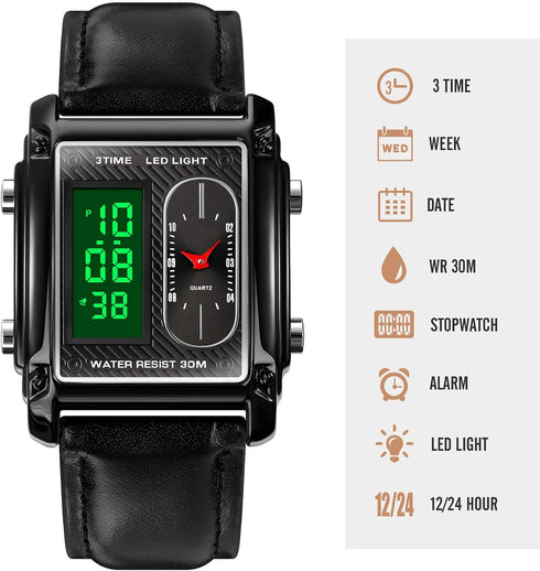 LED Digital Watch Men Analog Quartz Mens Watches Square Cool Creative Dual Time Zone Watch Waterproof Wristwatch for Men...