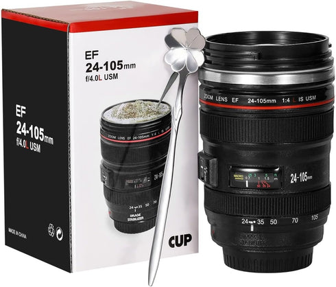 Camera Lens Coffee Mugs,Stainless Steel Lens Cups with Four Leaf Clover Spoon,Novelty Christmas Gifts for Photographers Sweeties Dad Men Women Pho...
