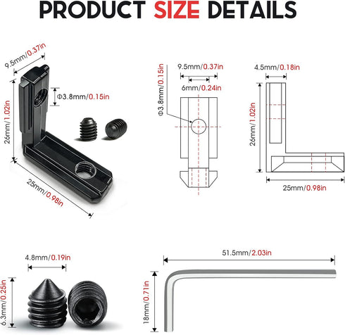 20pcs Black 2020 Series L-Shape Interior Inside Corner Connector Joint Bracket with Screws + 1pcs Wrench for Slot 6mm 20S Aluminum Rail Accessorie...