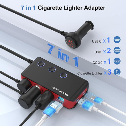 Car Cigarette Lighter Adapter, USB C Charger 30W and Quick Charge 3.0 Car Cigarette Lighter Splitter, 12V/24V Independent Switches, Fast Car USB C...