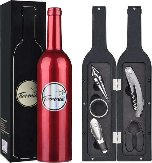 Tirrinia Wine Accessories Gift Set - Wine Bottle Corkscrew Opener Kit, Drip Ring, Foil Cutter and Wine Pourer and Stopper in Novelty Bottle-Shaped...