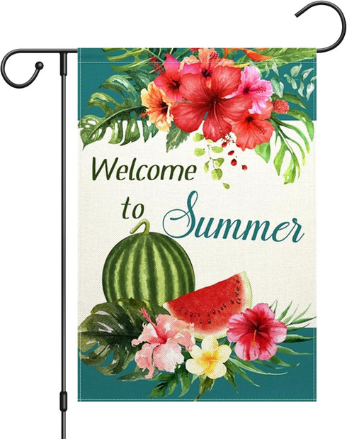 ChloropLastid Welcome to Summer Garden Flag Tropical Watermelon Palm Leaves Floral Small Double Sided Decorative Outdoor Yard Flag 12 x 18 Inch Se...