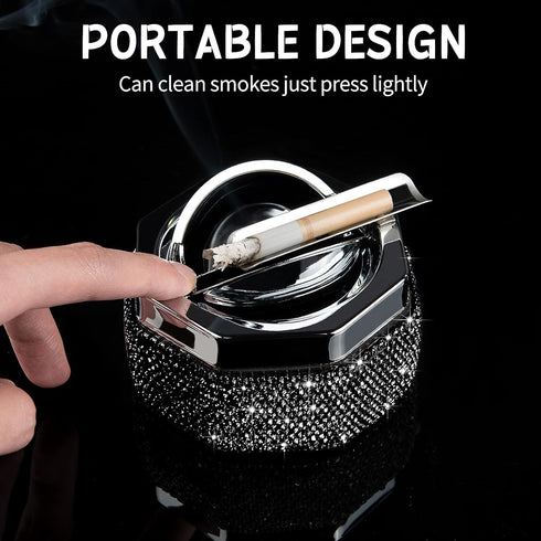 Ashtray,Stainless Steel Ashtray with Lid Bling Crystal Diamonds,Cigarette Ashtray for Indoor or Outdoor Use,Ash Holder for Smokers,Desktop Smoking...