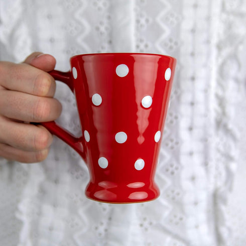City to Cottage Handmade Red and White Polka Dot Ceramic Coffee, Tea, Latte Mug, Cup with Large Handle, Unique 7 oz / 200ml Designer Pottery for T...