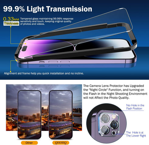 QHOHQ 3 Pack Screen Protector for iPhone 14 Pro Max 6.7 Inch with 3 Pack Tempered Glass Camera Lens Protector, Ultra HD, 9H Hardness, Scratch Resi...