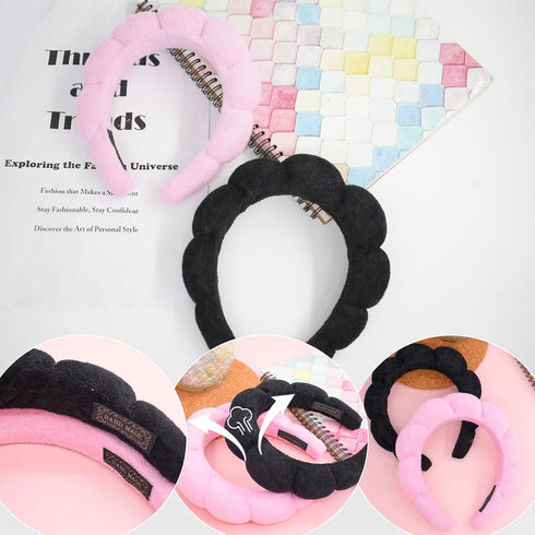 Skincare Headband for Washing Face, Terry Cloth Spa Headband for Women, Puffy Makeup Headbands for Face Washing, Skin Care, Mask (Black and Pink, ...
