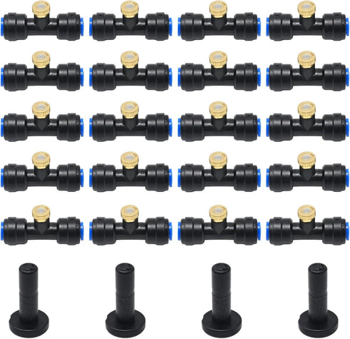 20 Pieces Brass Misting Nozzles 1/4 Inch Slip Lock Mister Nozzles Thread Misting Nozzle Tees with 20 Nozzles + 20 Seats + 4 Plugs for Outdoor Cool...