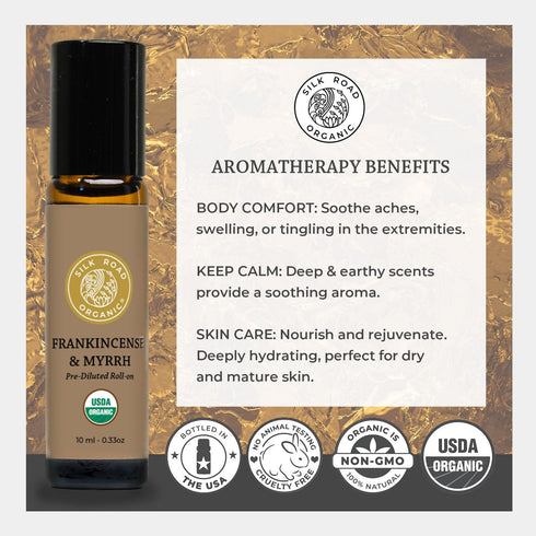 Organic Frankincense & Myrrh Essential Oil Roll On, 100% Pure USDA Certified Aromatherapy for Body Aches, Stiffness & Tingling, Stress Relief, & S...
