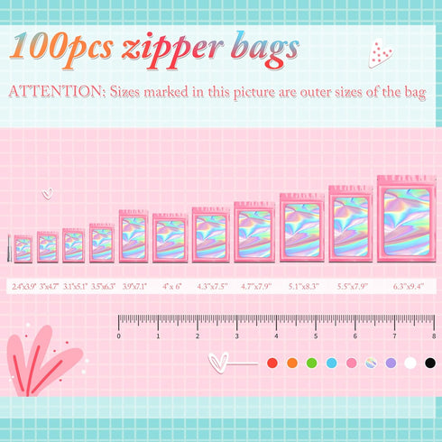 Funfery 100 pcs Pink Holographic Mylar Packaging Bags, Clear Sealing Resealable Smell Proof Bag Foil Pouch Zipper Bag for Food Storage,Lipgloss,Je...