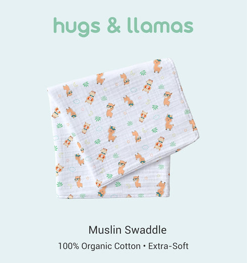 hugs & llamas | 100% Organic Cotton Muslin Swaddle Blankets | Unisex Swaddle Blanket | Extra Soft | Swaddles for Newborns and Infants | Machine Wa...