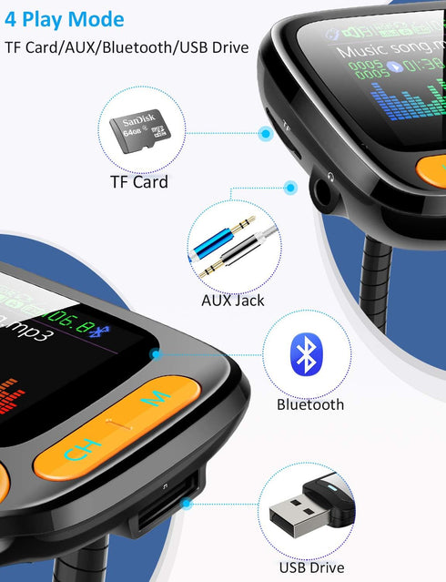 Bluetooth FM Transmitter Car Adapter,Support Wireless Handsfree Call and MP3 Music/APP Audio Play,1.8" Color Screen,3 USB Charger,3.5mm AUX Port,C...