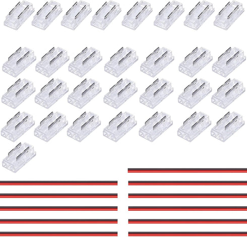 2 Pin 5mm COB LED Strip Connectors Transparent Solderless, 8 Pcs Strip to Strip, 22 Pcs Strip to Wire, 11 Pcs 22AWG 15cm/5.9in Long Extension Wire...
